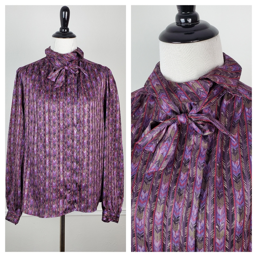 Vintage Top Evan Picone Blouse Bow Union Made Purple Asymmetrical Career Office
